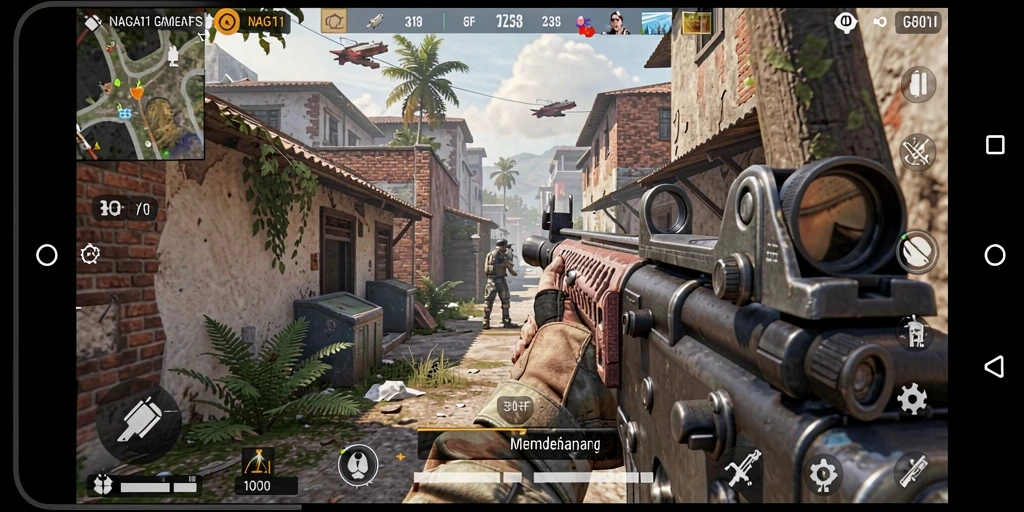 Tampilan gameplay menegangkan dalam NAGA11 dengan aksi FPS yang seru.