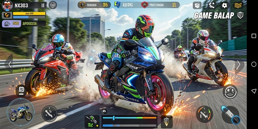 Tampilan gameplay balap motor yang mendebarkan di NX303.