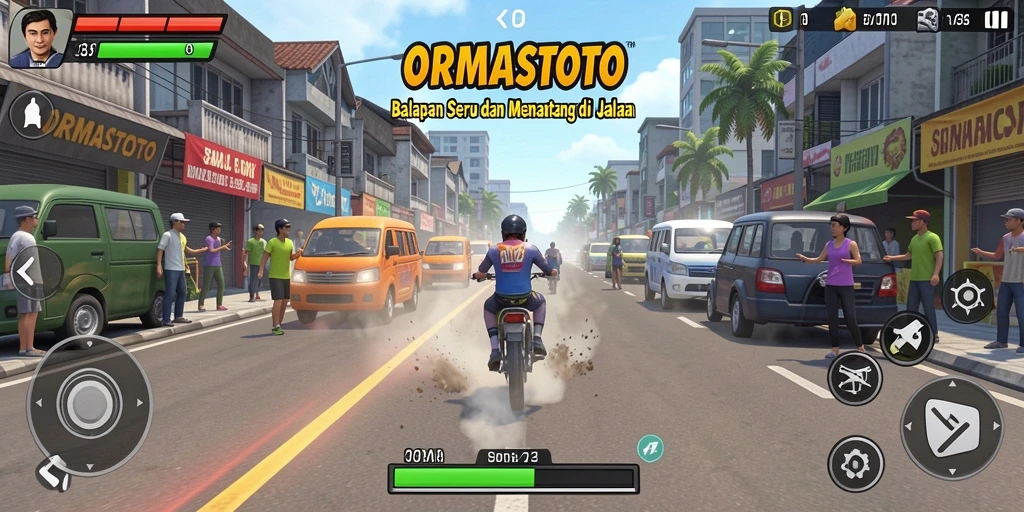 Screenshot gameplay ORMASTOTO menampilkan balapan yang mendebarkan.