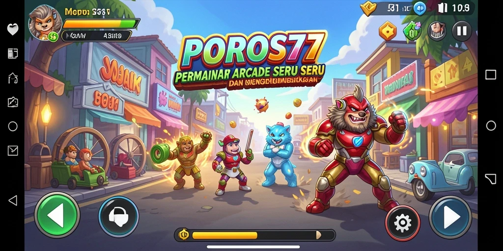 Tampilan seru dari gameplay Arcade POROS77 dengan level menantang.