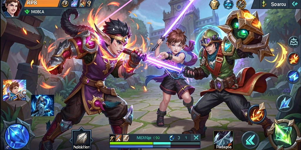 Screenshot utama RP8 menampilkan aksi gameplay MOBA yang mendebarkan.