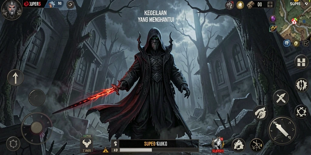 Tampilan gameplay SUPER5 yang mengerikan dan misterius.