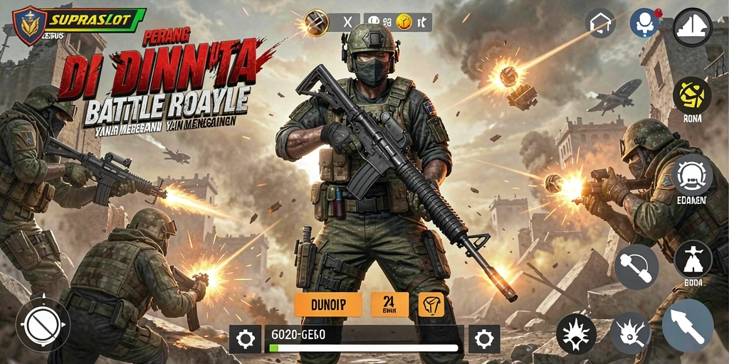 Menampilkan aksi seru dalam pertempuran Battle Royale SUPRASLOT.
