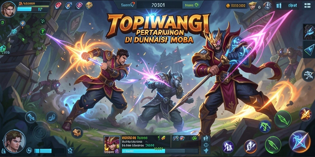 Tangkapan layar gameplay TOPIWANGI menunjukkan aksi seru dalam pertempuran MOBA.